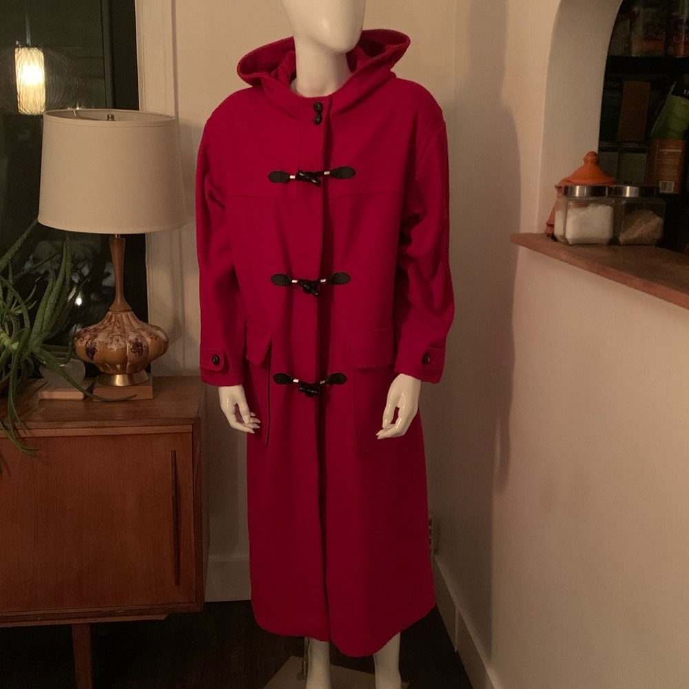 Vintage Red Wool Hooded Duffle Coat